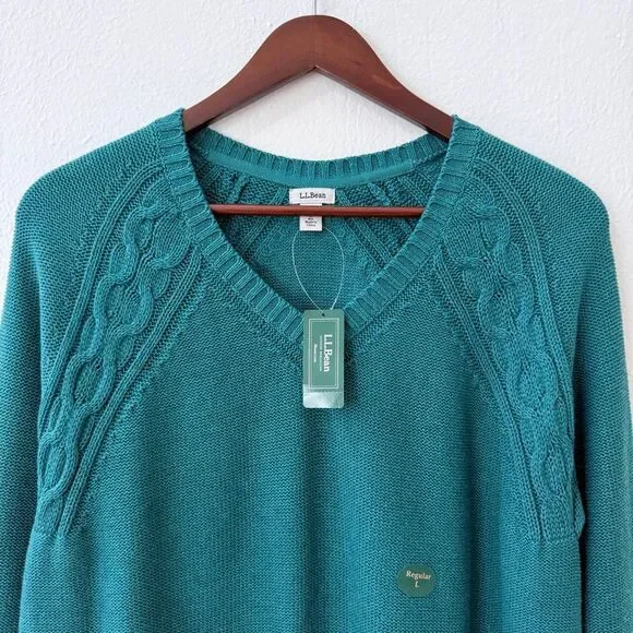 L.L. Bean Women's Size Large Teal V Neck Cable Knit Pullover Sweater Brand New - Picture 2 of 10